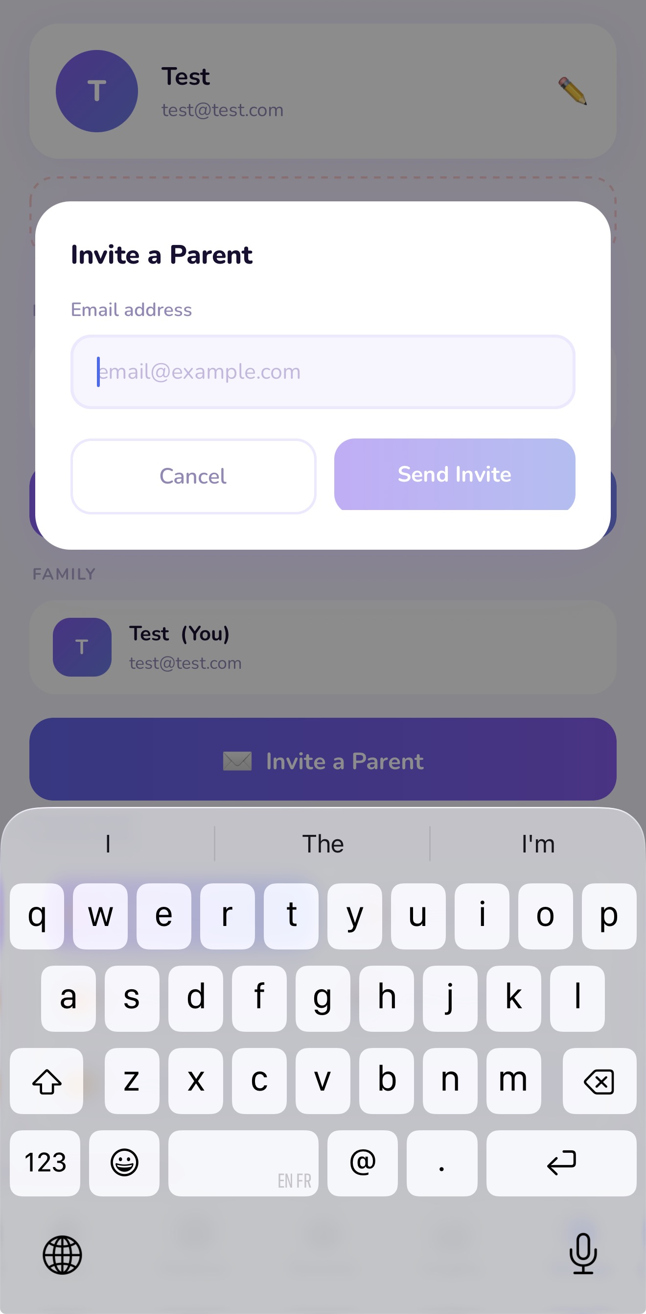 Invite co-parent screen with email field and Send button