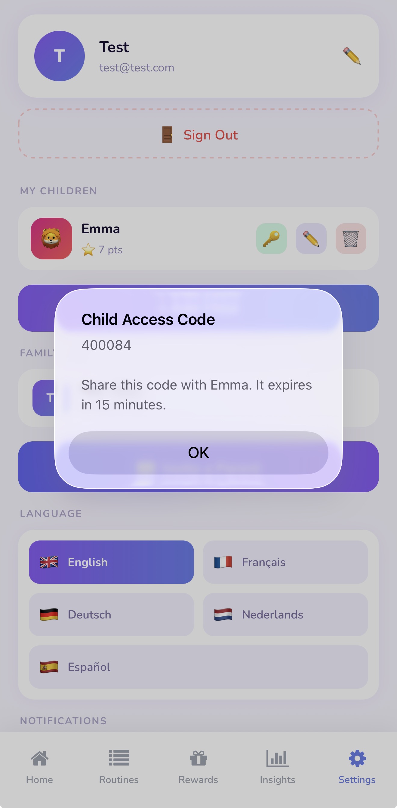 Child profile screen showing a 6-digit login code with a countdown