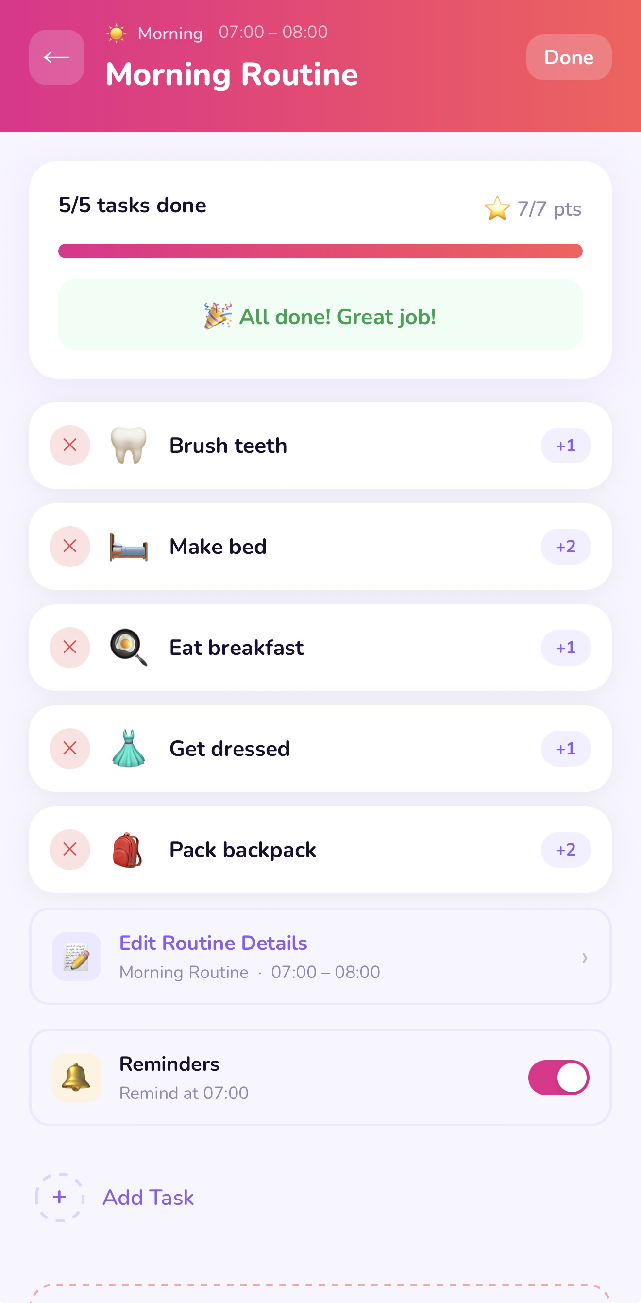 Add task form with emoji picker, title field, and duration field