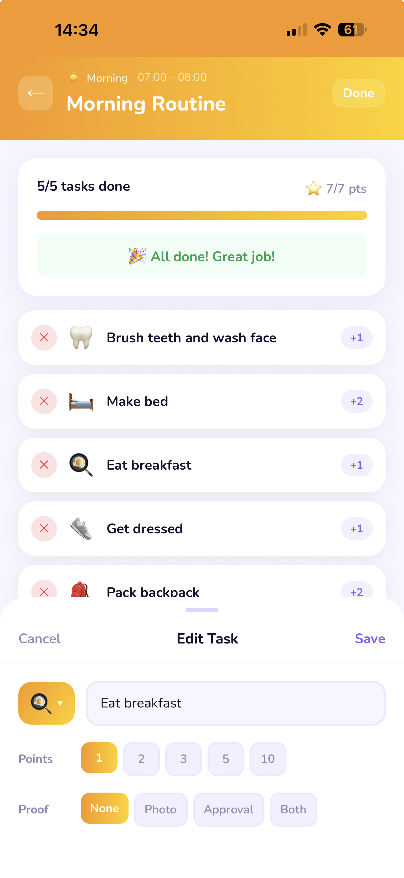 Routine task list with drag handles visible