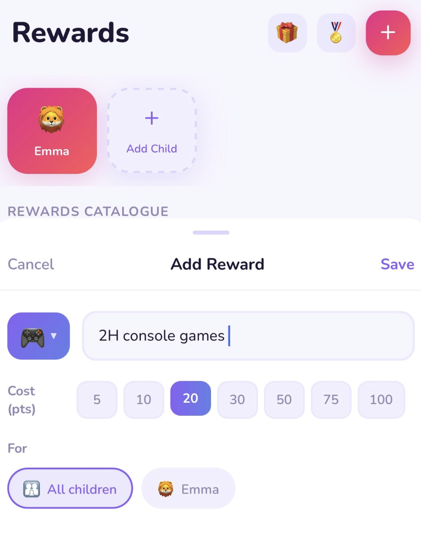 Add reward form with emoji picker, name field, and point cost field
