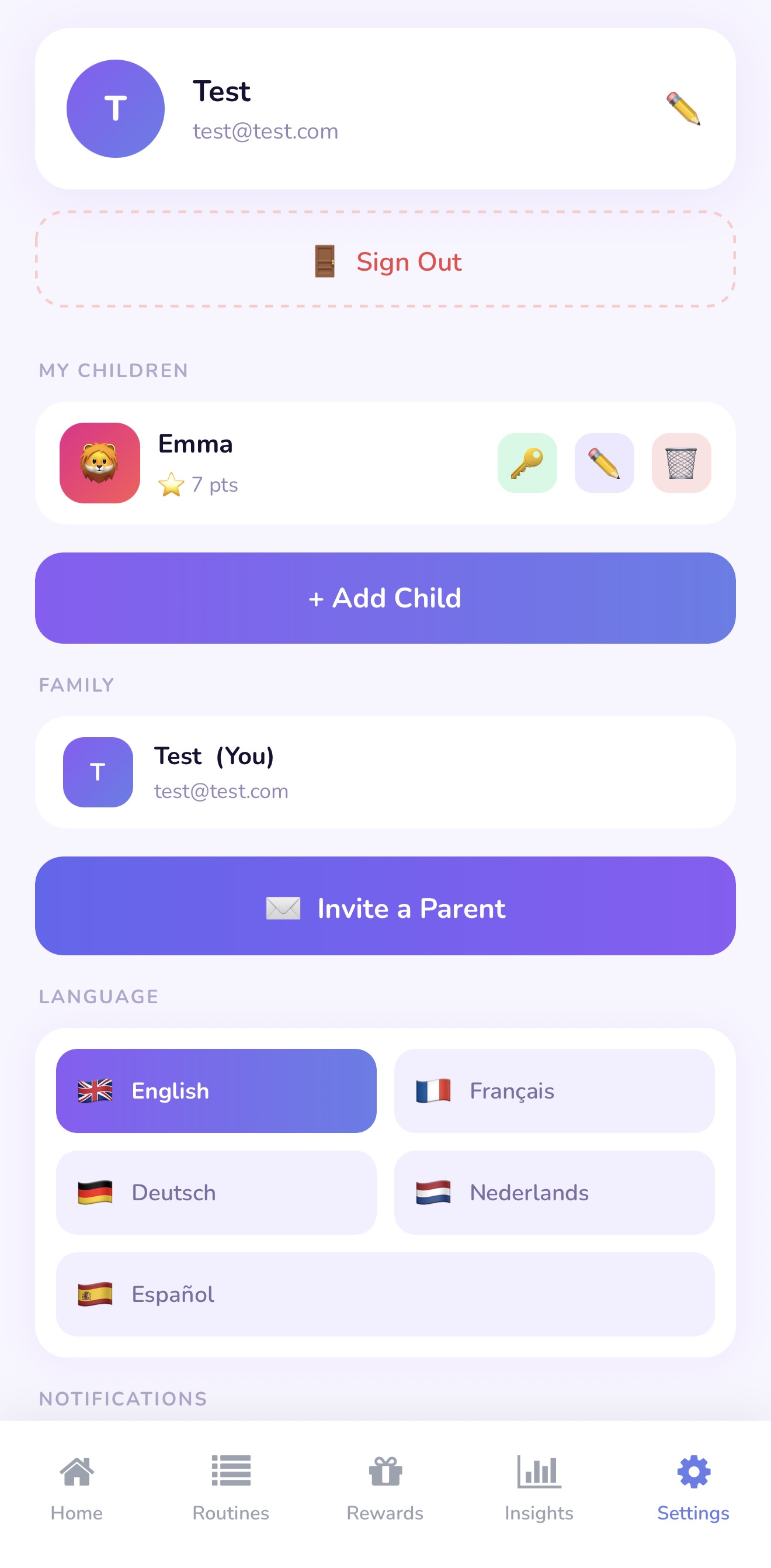 Child profile edit screen